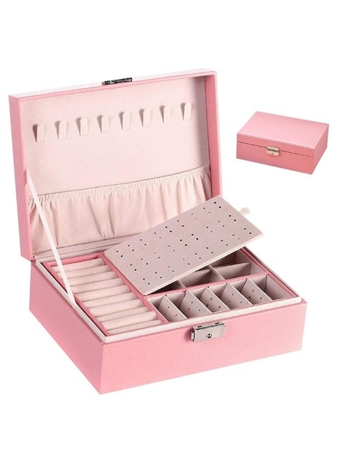 Two Layers Leather Jewellery Organiser Box with Key Lock -Pink
