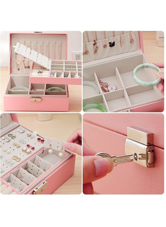 Two Layers Leather Jewellery Organiser Box with Key Lock -Pink