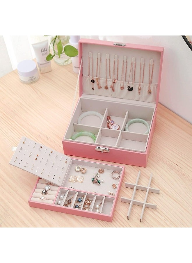 Two Layers Leather Jewellery Organiser Box with Key Lock -Pink