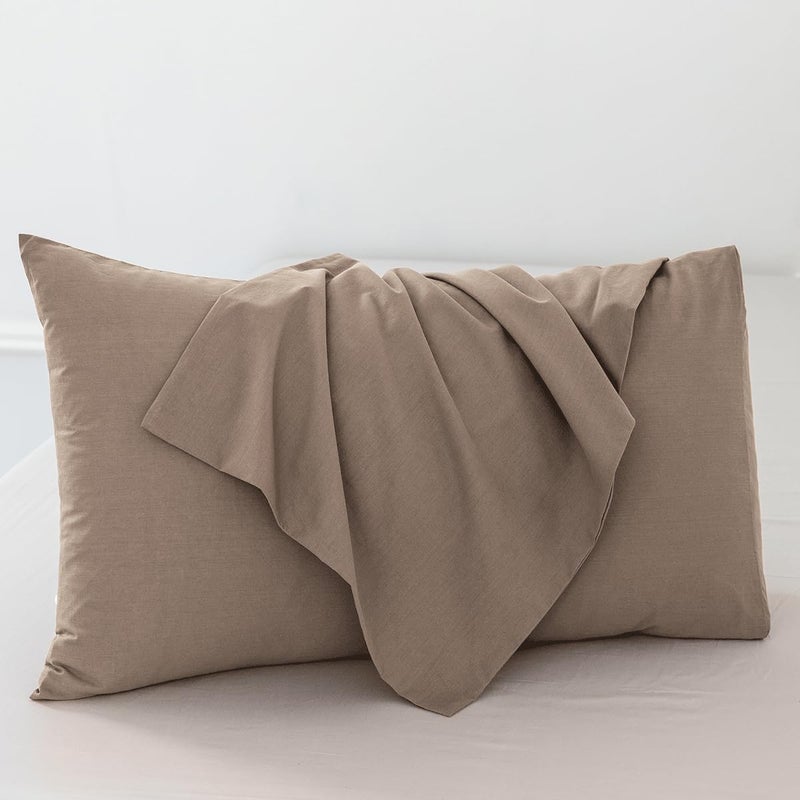 MooMee Bedding Pillowcases Pack of 2 100% Washed Cotton Linen Like Textured Breathable Durable Soft Comfy (Brown  King) - Image 2