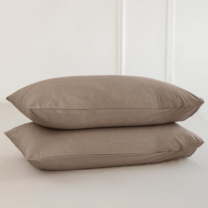 MooMee Bedding Pillowcases Pack of 2 100% Washed Cotton Linen Like Textured Breathable Durable Soft Comfy (Brown  King) - Image 1