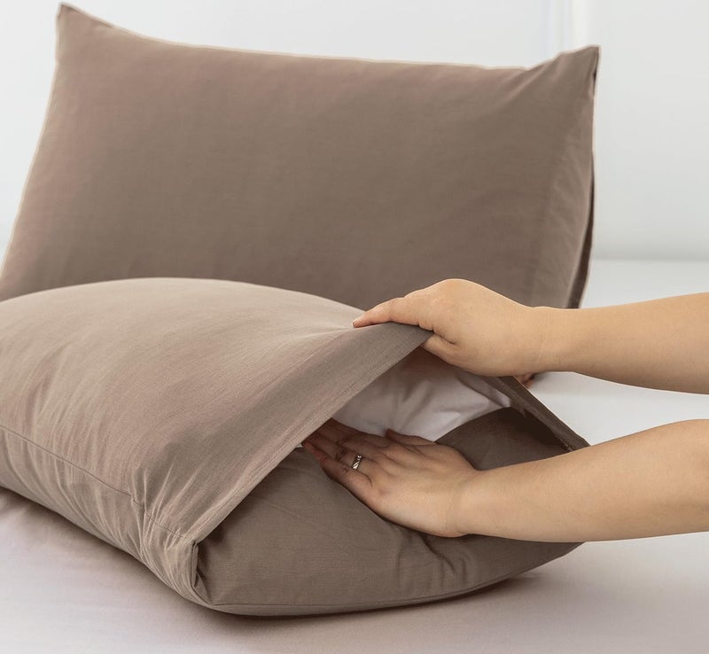 MooMee Bedding Pillowcases Pack of 2 100% Washed Cotton Linen Like Textured Breathable Durable Soft Comfy (Brown  King) - Image 4