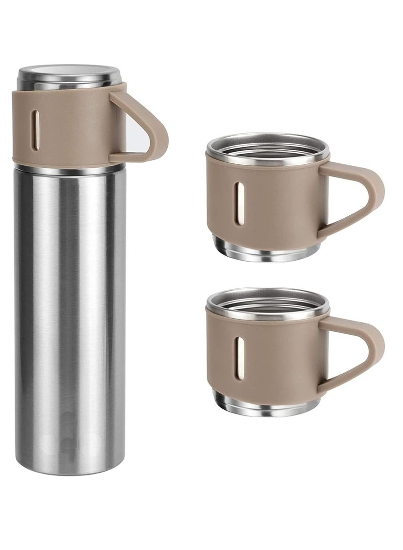 ELTRAZONE 500ml Stainless Steel Vacuum Thermos Flask with Silicone Handle & Insulated Water Bottle – 2 Stainless Steel Cups Set for Hot & Cold Beverages, Outdoor Travel Gift Box (2 PACK, SILVER BEIGE)  - Image 1