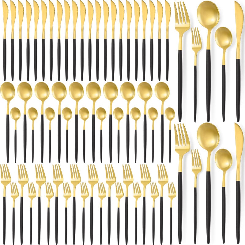 Lanties 60 Pieces Stainless Steel Tableware Set Silverware Set Flatware Cutlery Utensils Spoon Fork Knives Service for 12 for Home Restaurant Apartment and KitchensBlack Gold