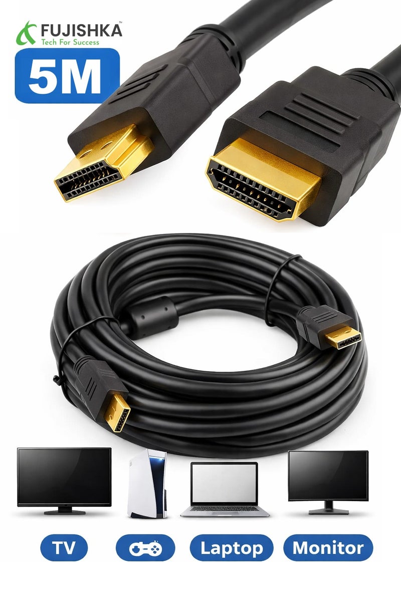 فوجيشكا كابل HDMI عالي الجودة بطول 5 أمتار، مثالي لتوصيل الأجهزة الذكية مثل شاشات التلفاز، أجهزة العرض، وأجهزة الألعاب. يدعم دقة 4K الفائقة لنقل صورة وصوت بجودة عالية دون تقطيع. - Image 1