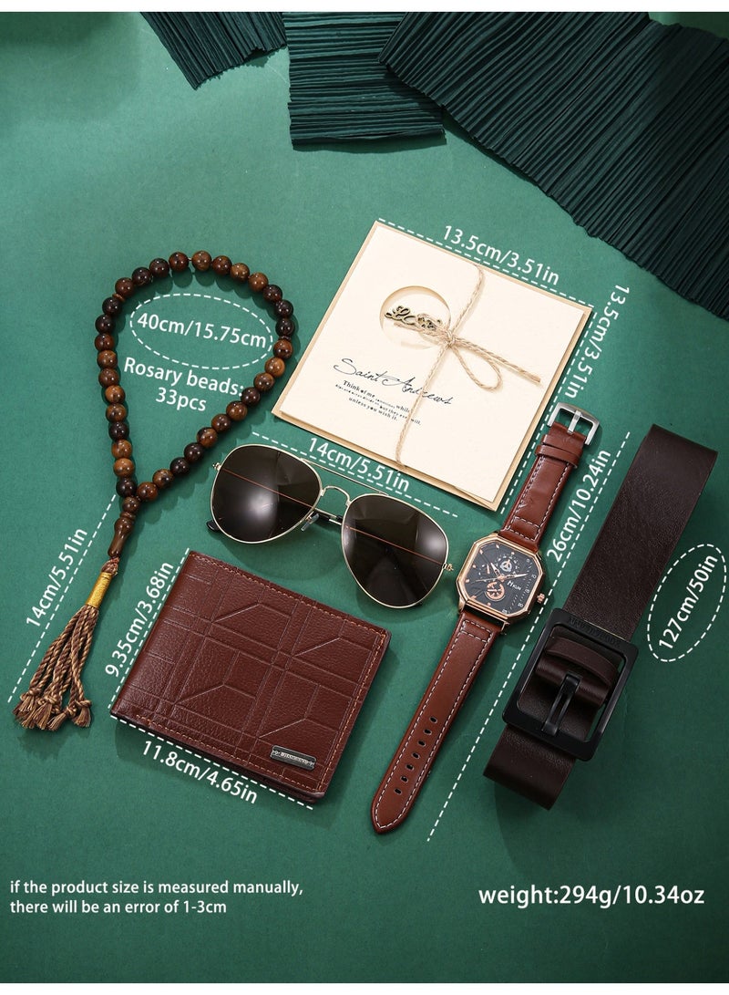 Brown versatile PU leather men's watch set, square dial, matched with same color belt, wallet, sunglasses, gift box packaging containing greeting cards, suitable for giving him the perfect birthday gift for Ramadan, Valentine's Day, anniversaries - Image 4
