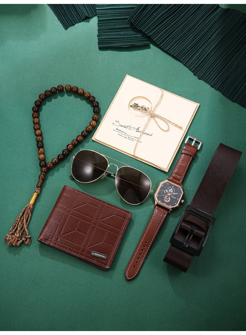 Brown versatile PU leather men's watch set, square dial, matched with same color belt, wallet, sunglasses, gift box packaging containing greeting cards, suitable for giving him the perfect birthday gift for Ramadan, Valentine's Day, anniversaries - Image 3