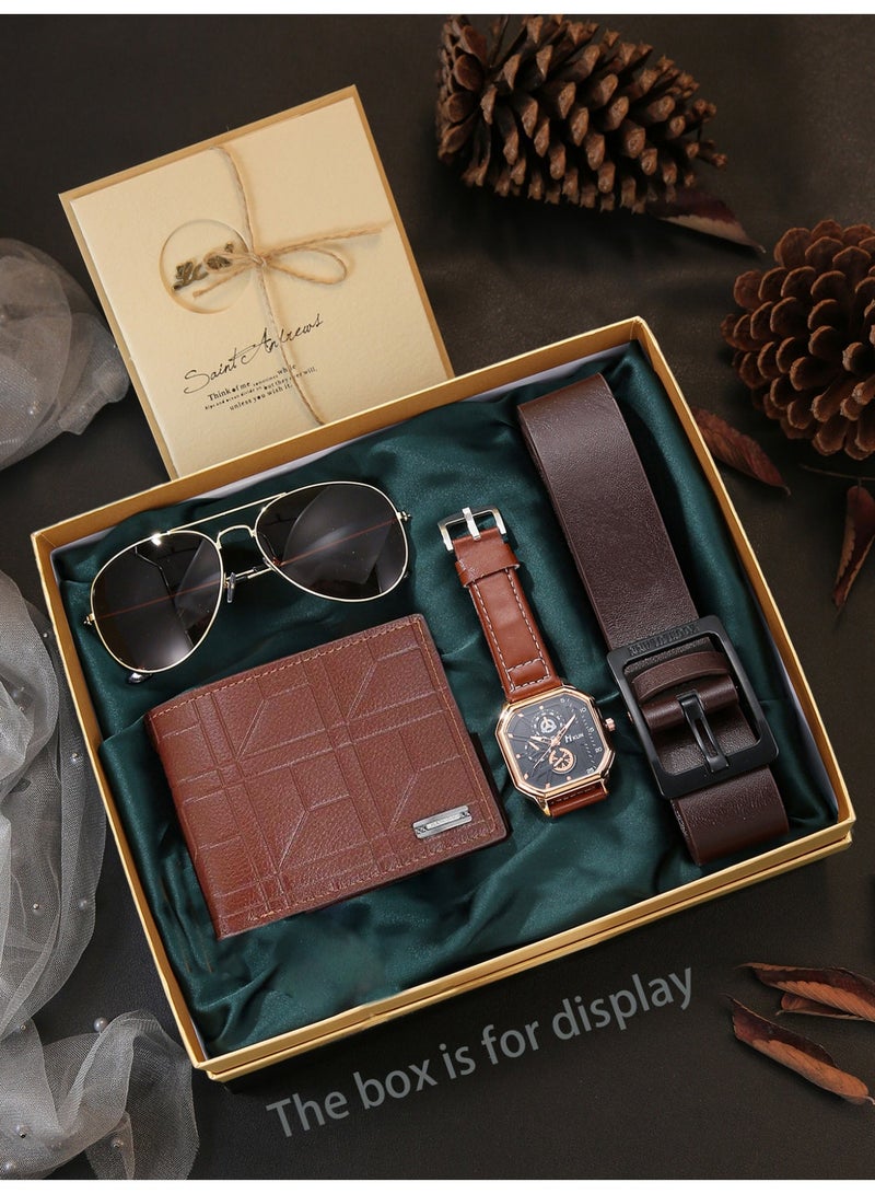 Brown versatile PU leather men's watch set, square dial, matched with same color belt, wallet, sunglasses, gift box packaging containing greeting cards, suitable for giving him the perfect birthday gift for Ramadan, Valentine's Day, anniversaries - Image 1