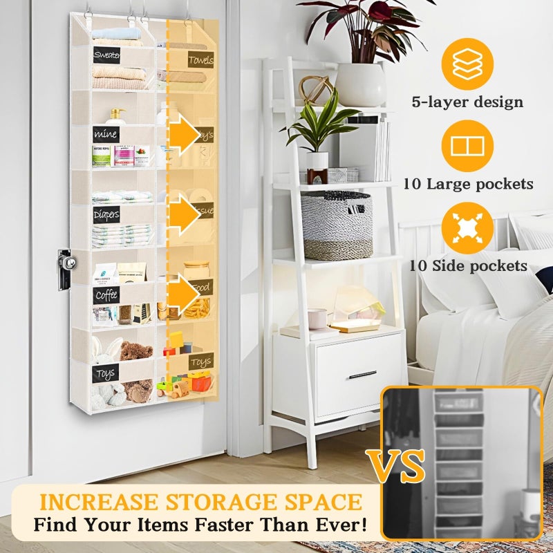 Ofiray-home Over the Door Organizer, 5-Tier Extra Large Storage with 10 Pockets and PVC Label Pouches, 80 lbs Capacity Hanging Closet Organizer, Beige - Image 3
