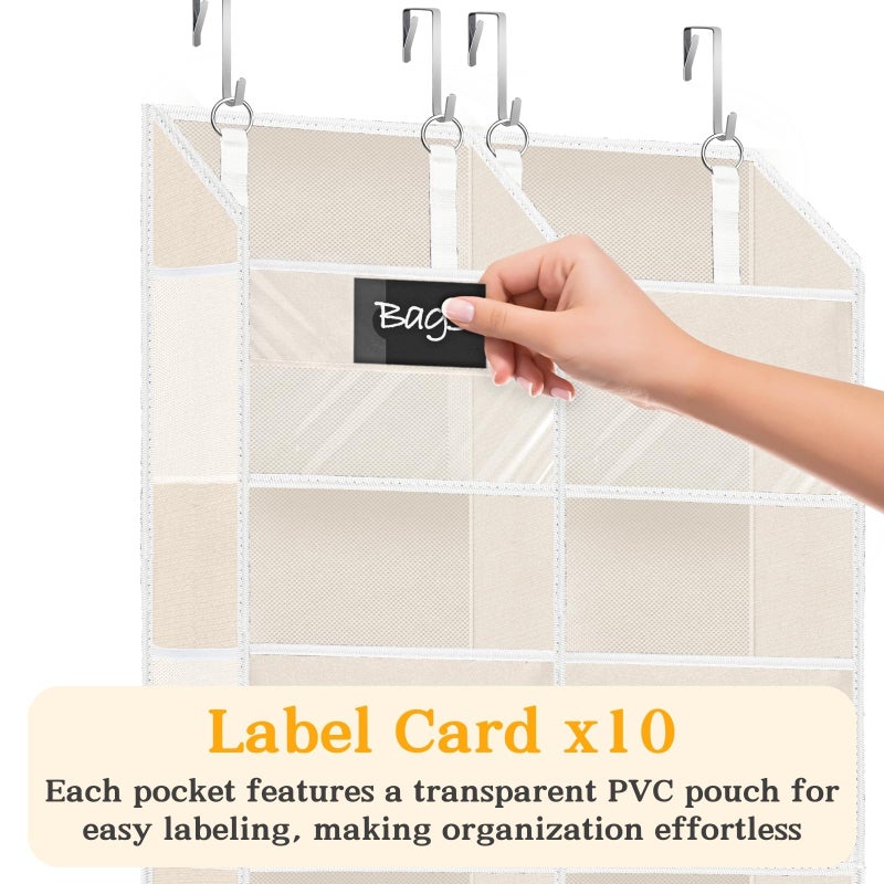 Ofiray-home Over the Door Organizer, 5-Tier Extra Large Storage with 10 Pockets and PVC Label Pouches, 80 lbs Capacity Hanging Closet Organizer, Beige - Image 2