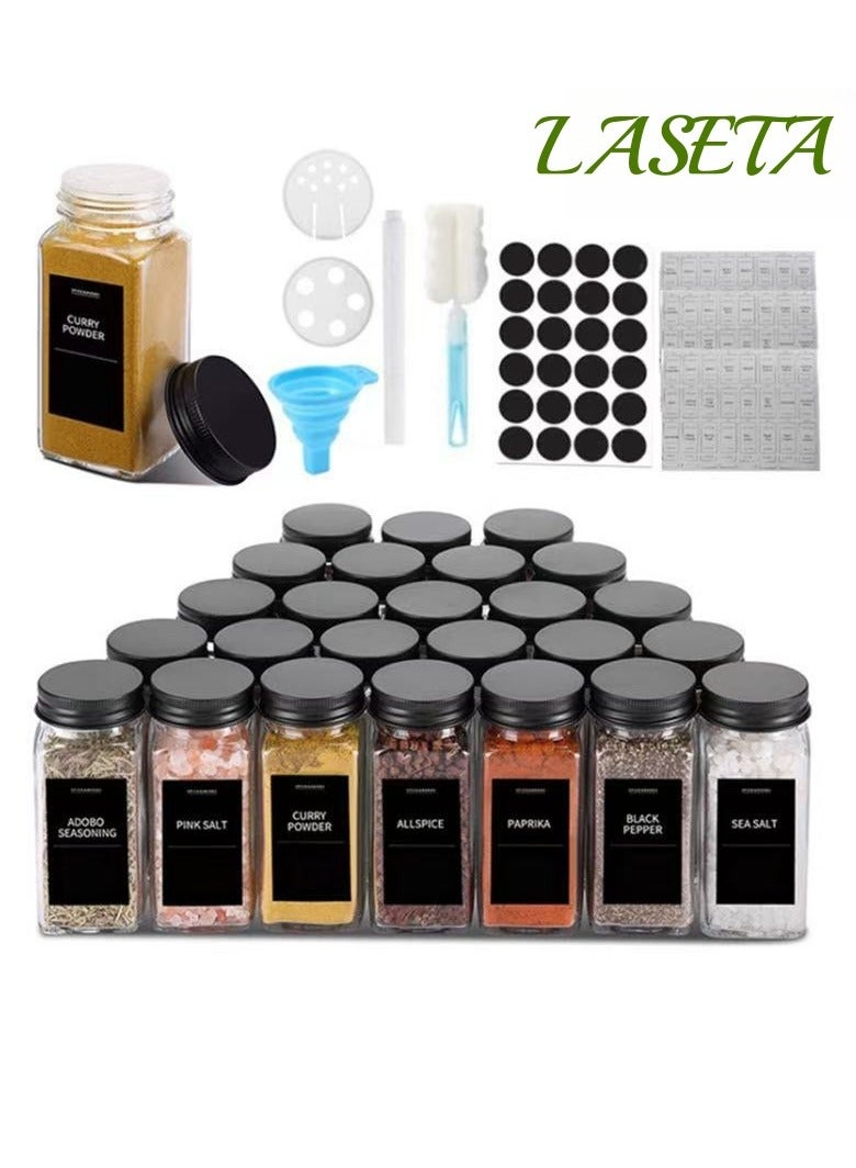 Laseta 24 Glass Spice Jars with w/40 Labels Stickers-4oz Empty Square Spice Containers,24 Shaker Lids and Airtight Metal Caps,Silicone Collapsible Funnel & Brush Included - Image 1