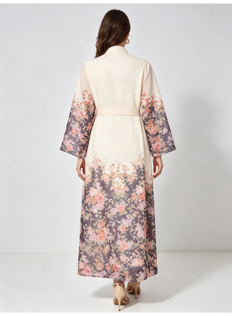 Kaiyuede Women's Abaya Daily Eid Purple Gradient Floral Print Belted Rhinestone Polyester Opaque Lined Modest S-XL - Image 2