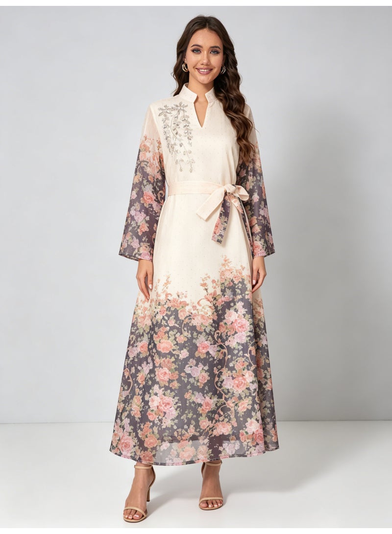 Kaiyuede Women's Abaya Daily Eid Purple Gradient Floral Print Belted Rhinestone Polyester Opaque Lined Modest S-XL - Image 1