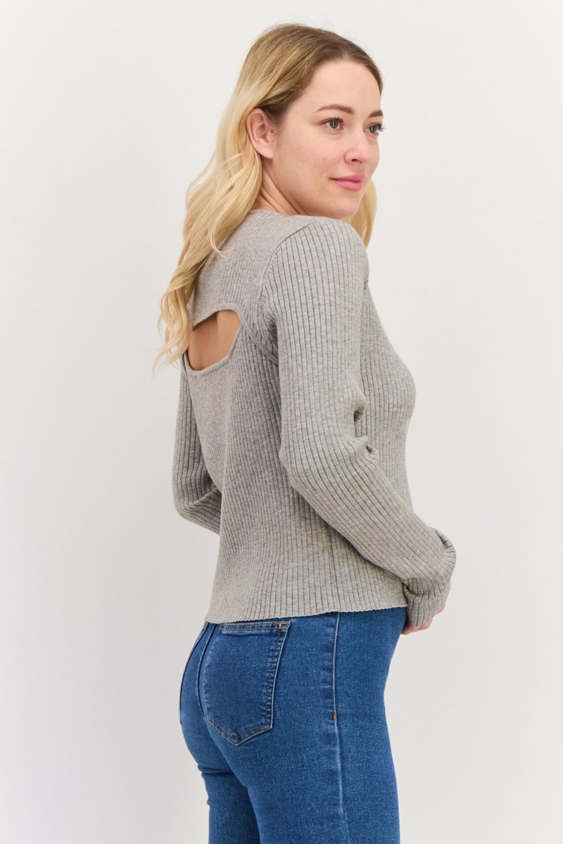 Sage The Label Women Round Neck Long Sleeve Ribbed Cut Out Blouse, Grey - Image 4