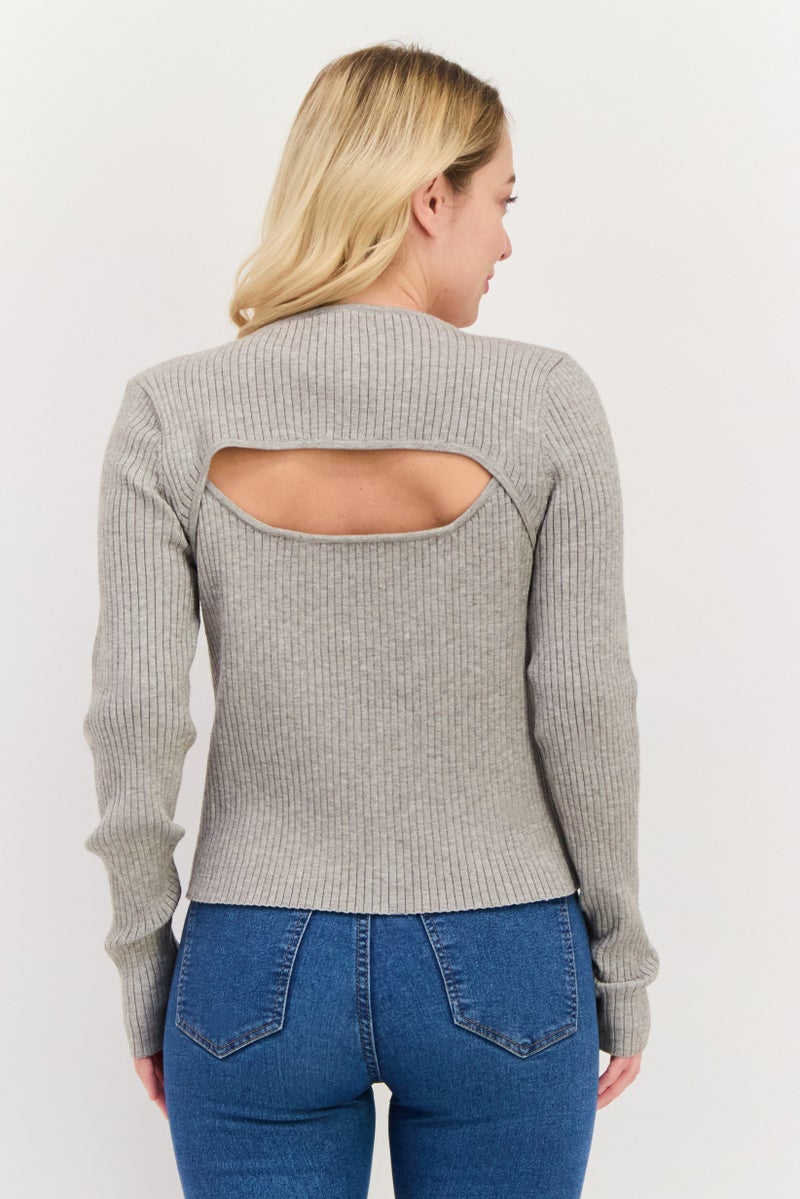 Sage The Label Women Round Neck Long Sleeve Ribbed Cut Out Blouse, Grey - Image 2