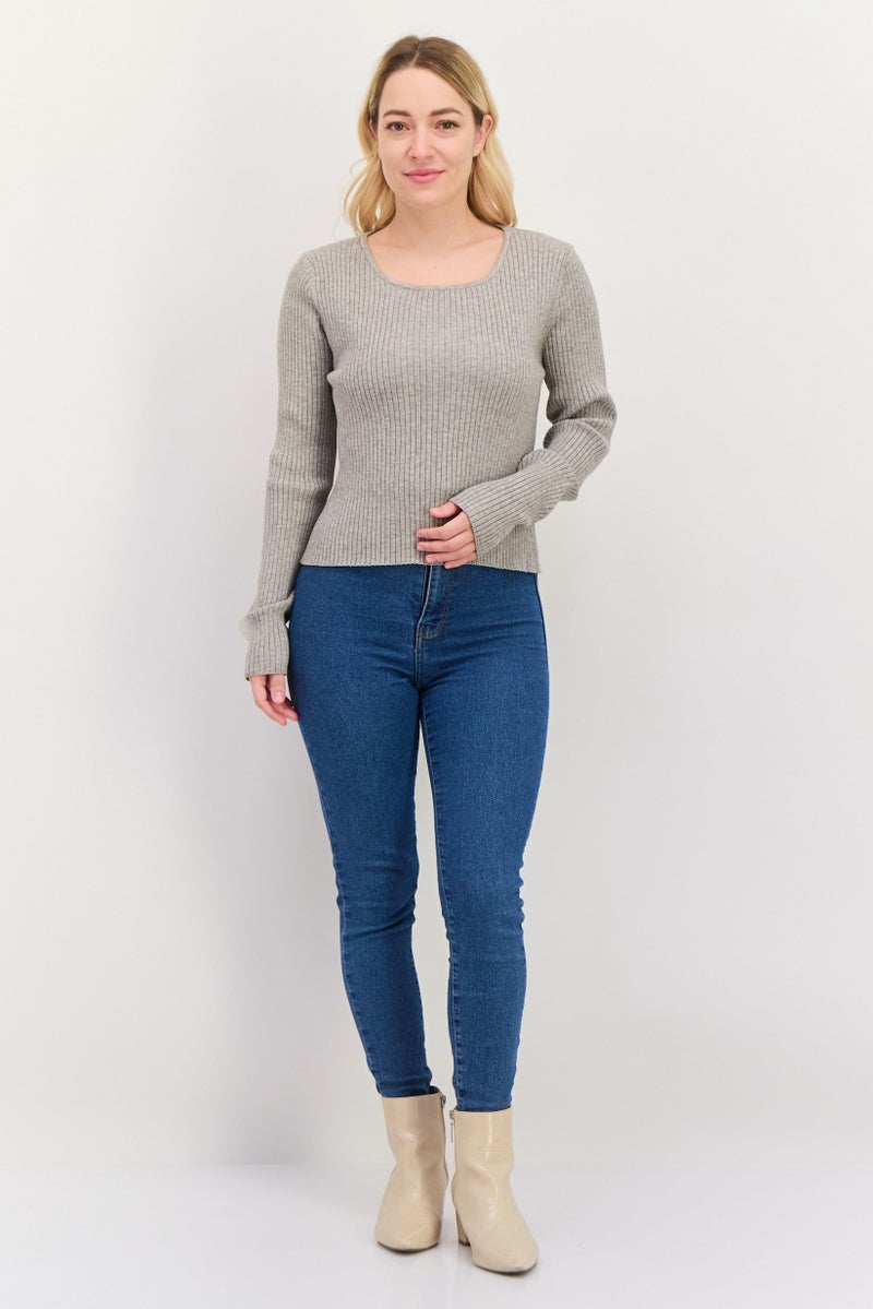 Sage The Label Women Round Neck Long Sleeve Ribbed Cut Out Blouse, Grey - Image 3