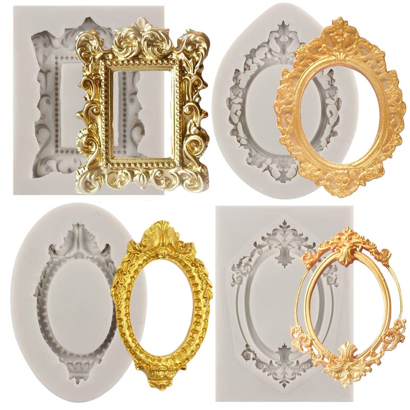 sijiangmold Sijiangmold Photo Frame Fondant Mold Picture Frames Silicone Mold Baroque Style Frame Molds For Cupcake Topper Cake Decoration Chocolate Candy Polymer Clay Gum Paste Set Of 4