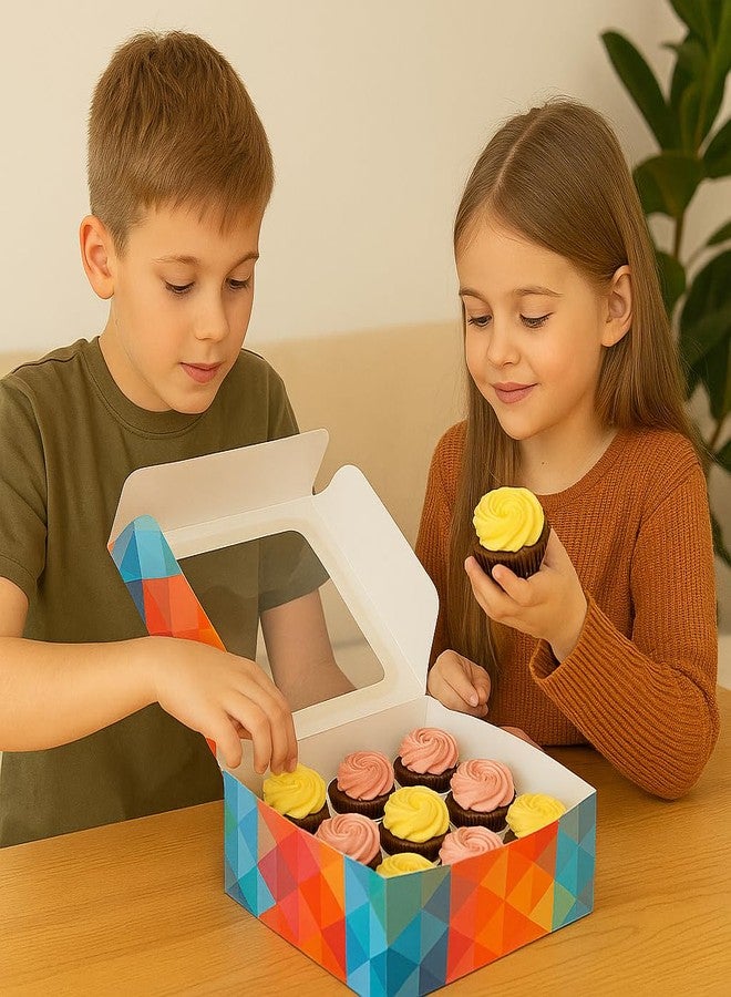 Esslly 12-Cupcake Box | 12x12x5 in | Pack of 25 | Sturdy Paper with Insert | Polygon Design | DIY Folding | Great for Pastries, Brownies & Sweets - Image 2