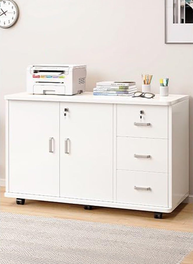 LEDIN Wooden Side Cabinet, Modern Storage Cabinet, Floor Document Cabinet with Wheels, Filing Cabinets, Office Cabinet with Lock (White, 90x34x59cm) - Image 5
