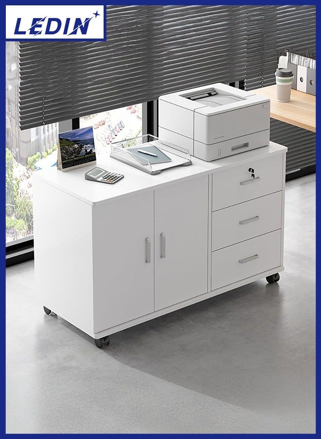 LEDIN Wooden Side Cabinet, Modern Storage Cabinet, Floor Document Cabinet with Wheels, Filing Cabinets, Office Cabinet with Lock (White, 90x34x59cm) - Image 1