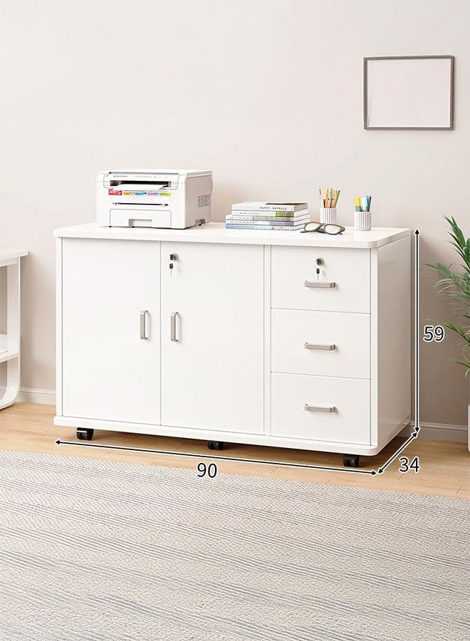 LEDIN Wooden Side Cabinet, Modern Storage Cabinet, Floor Document Cabinet with Wheels, Filing Cabinets, Office Cabinet with Lock (White, 90x34x59cm) - Image 2