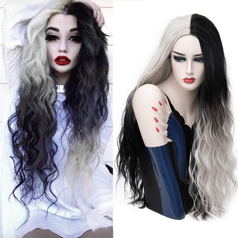 Mildiso Long Wigs for Women 26'' Black White Wig Cute Colorful Silver Hair Perfect for Party Halloween M051 - Image 2