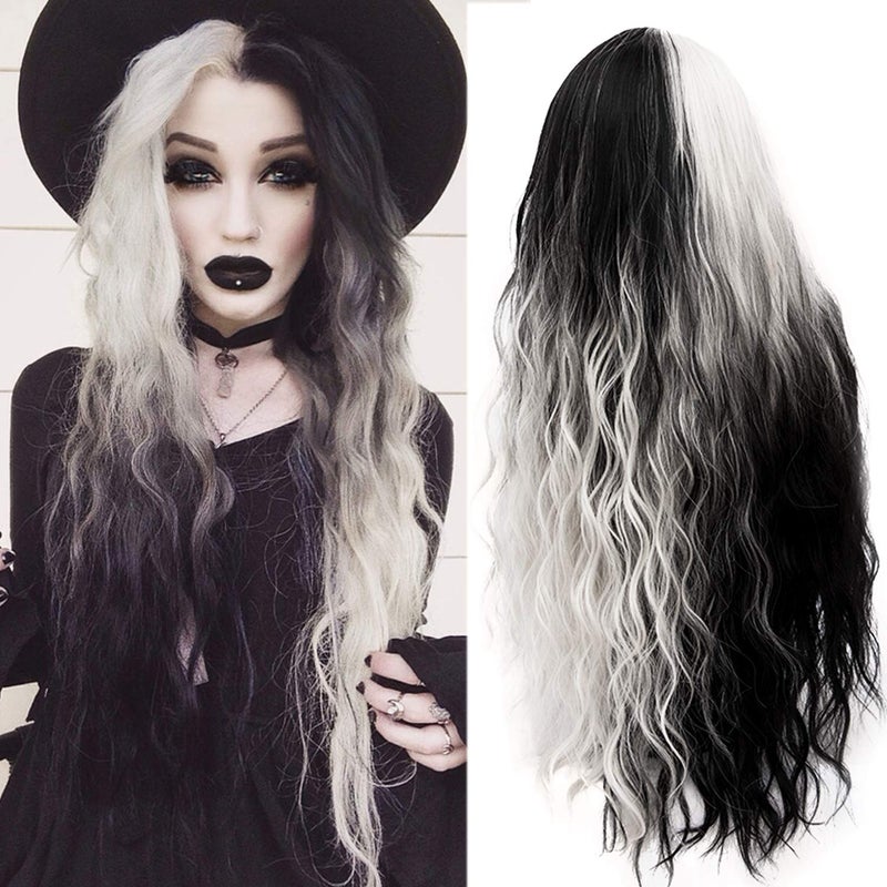 Mildiso Long Wigs for Women 26'' Black White Wig Cute Colorful Silver Hair Perfect for Party Halloween M051 - Image 1