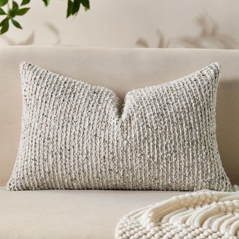 Allorry Decorative Lumbar Pillow Cover 12x20 Cream Gray Striped Soft Wool Lumbar Throw Pillow Neutral Textured Boho Cushion Covers for Modern Farmhouse Sofa Bedroom Living Room Decor SY011-B12 - Image 1