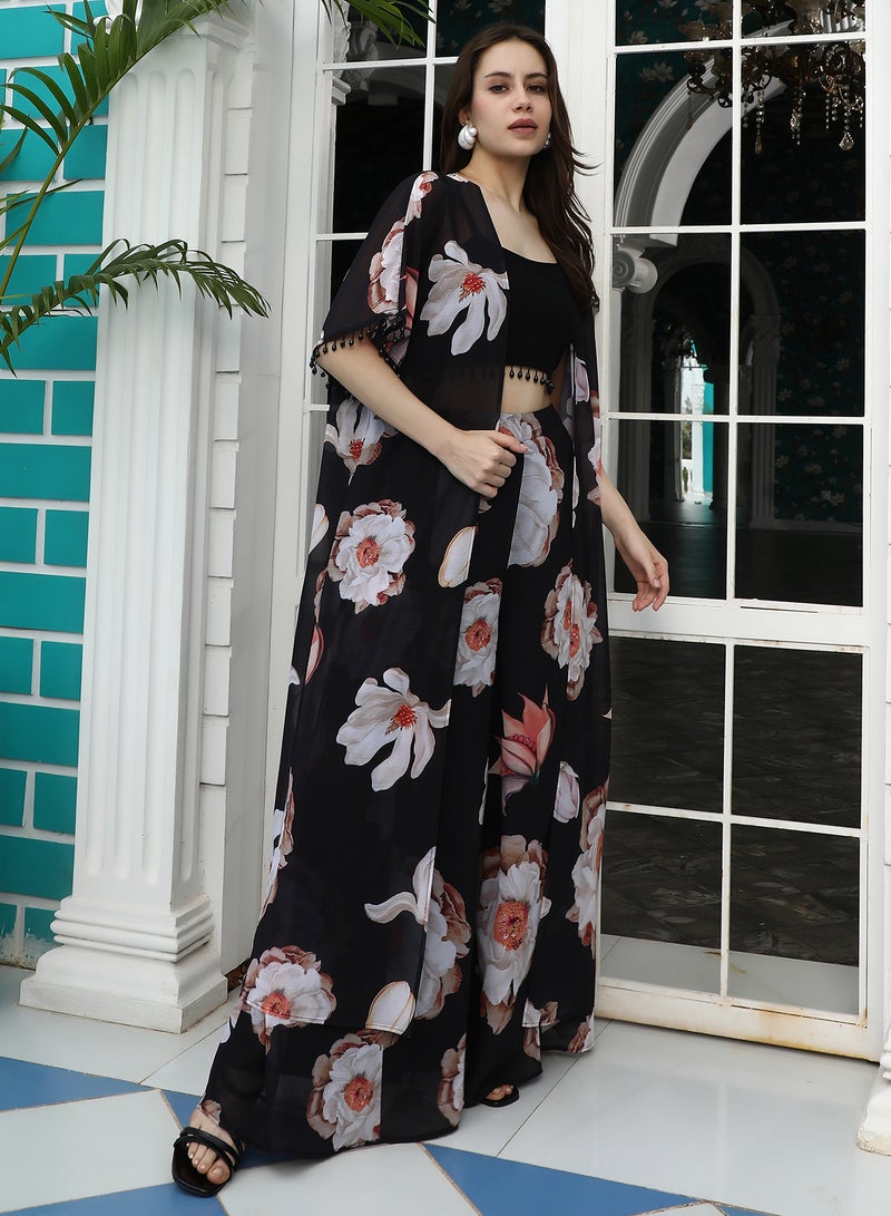 Qissa Women's Onyx Black All-Over-Floral Co-Ord Set For Ethnic Wear | Open-Front Neck , Sleeveless , Straight Hem | Solid Plain Fabric | 3 Piece Co-Ords Designed For Casual & Daily Wear - Image 3