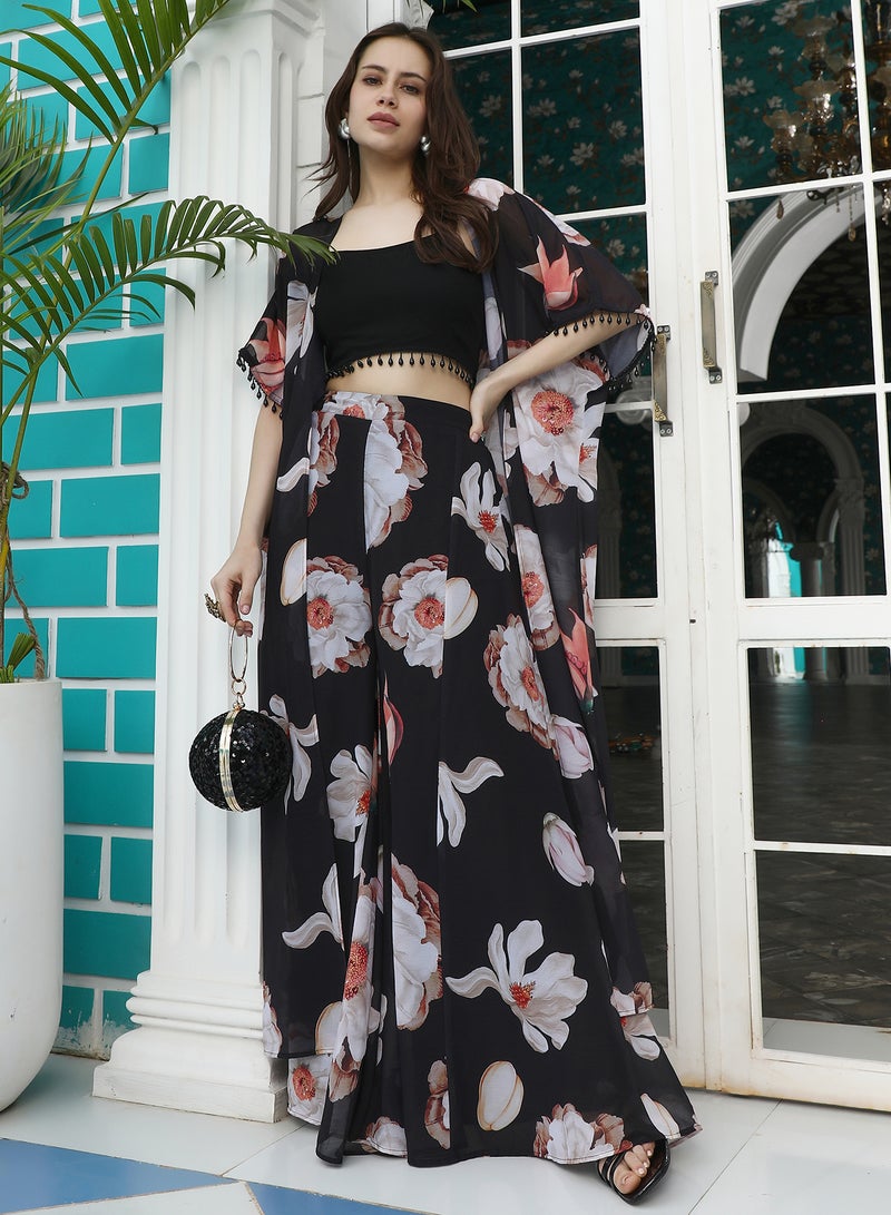 Qissa Women's Onyx Black All-Over-Floral Co-Ord Set For Ethnic Wear | Open-Front Neck , Sleeveless , Straight Hem | Solid Plain Fabric | 3 Piece Co-Ords Designed For Casual & Daily Wear - Image 1