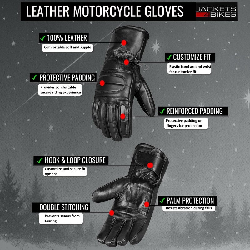 Jackets 4 Bikes Mens Winter Gauntlet Motorcycle Gloves 100 Natural Sheep Leather Thinsulate Thermal Heated Lining Full Windproof Cold Weather Water Resistant Reinforced Warm Biker Driving Glove Black L - Image 5