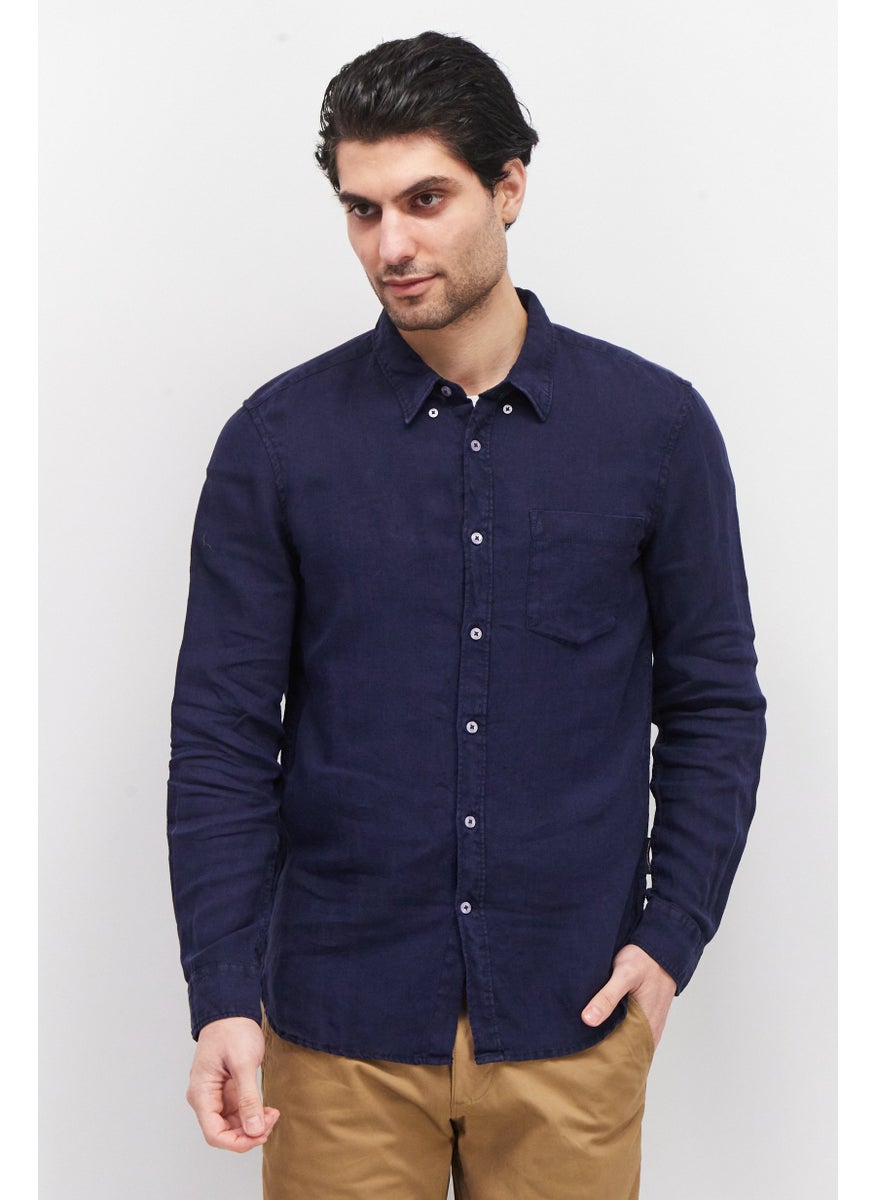 French Connection Men Regular Fit Long Sleeve Washed Casual Shirt, Navy  - Image 1