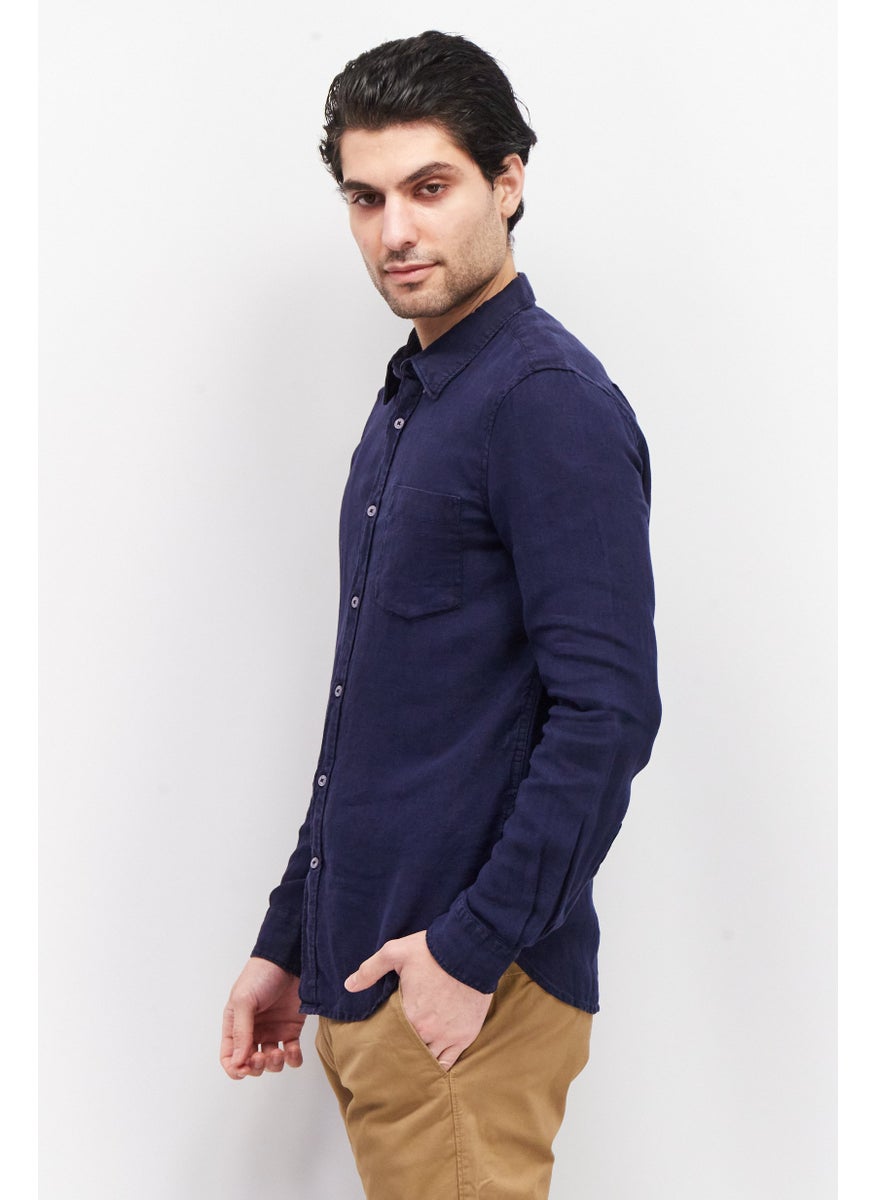 French Connection Men Regular Fit Long Sleeve Washed Casual Shirt, Navy  - Image 3