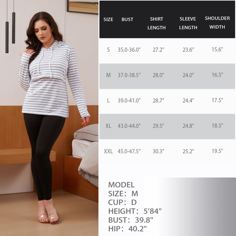 Bhome 2pcs Nursing Shirt Long Sleeves Hoodie Breastfeeding Top Sweatshirt Grey Stripe/Rose Red L - Image 5