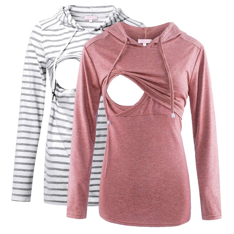 Bhome 2pcs Nursing Shirt Long Sleeves Hoodie Breastfeeding Top Sweatshirt Grey Stripe/Rose Red L - Image 1