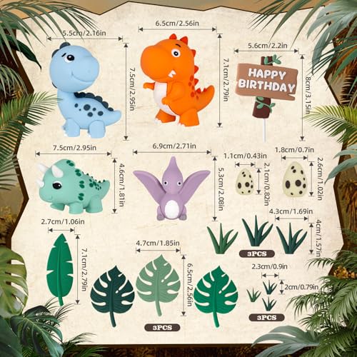 Zafena 17PCS Dinosaur Cake Topper, Dinosaur Eggs Leaves Grasses Cake Decorations with Happy Birthday Sign Cake Toppers for Birthday Party Decorations, Safari Animal Themed Party - Image 2