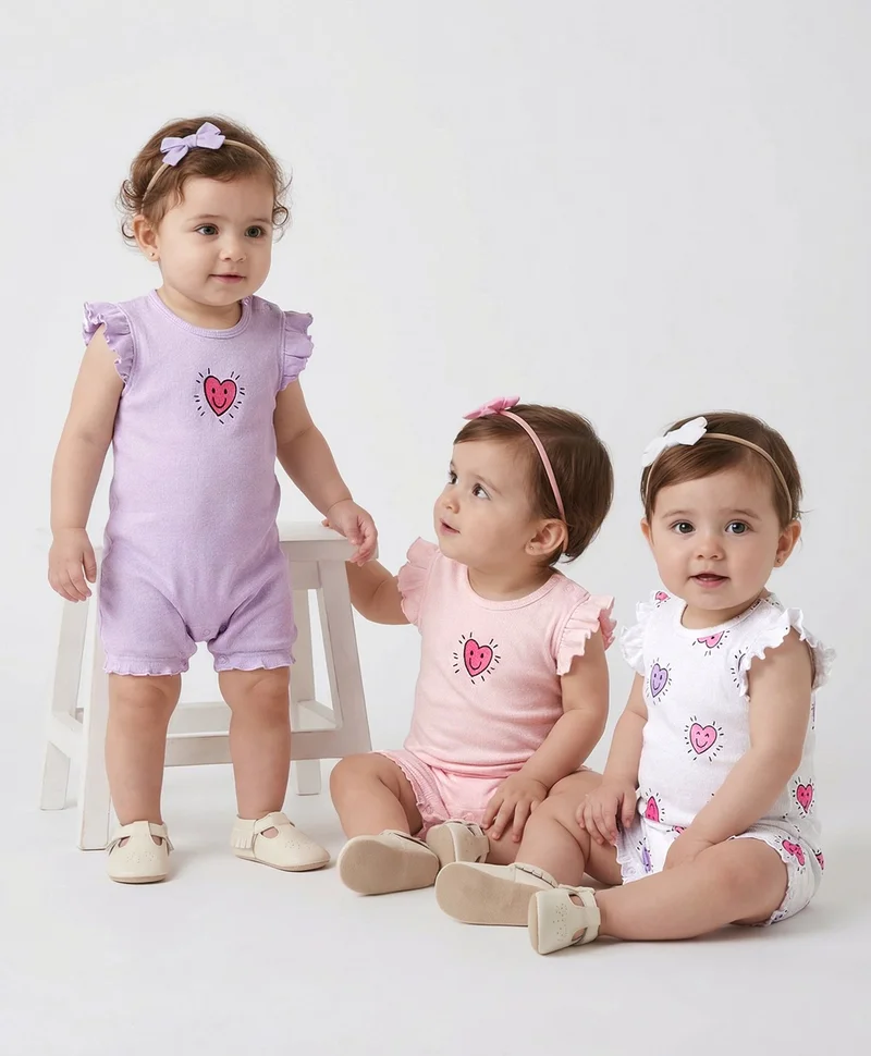 Bonfino Bonfino 100% Cotton Rib Heart Printed Rompers (Pack of 3) - Purple/Pink/White