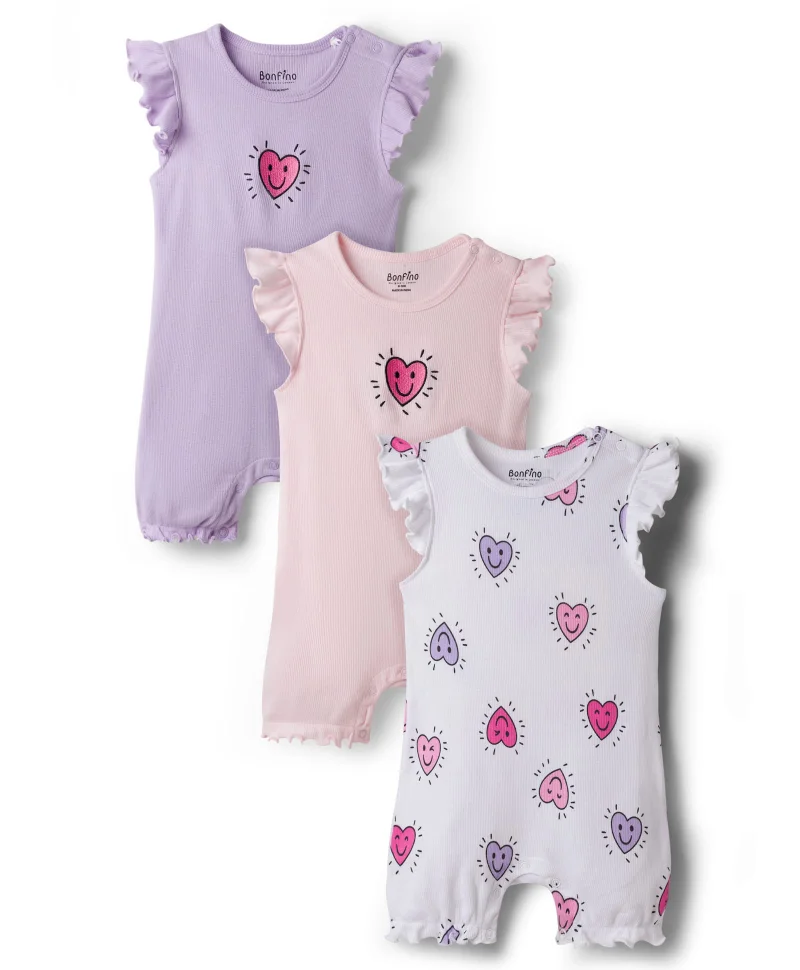 Bonfino Bonfino 100% Cotton Rib Heart Printed Rompers (Pack of 3) - Purple/Pink/White