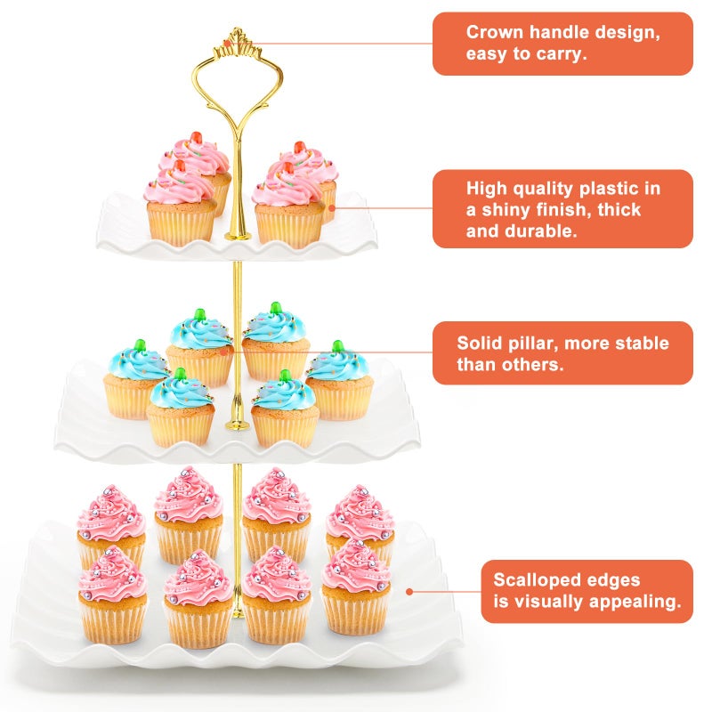 Coitak 3 Tier Cupcake Stand, Plastic Tiered Serving Stand, Square Dessert Tray for Tea Party, Birthday and Wedding (Pure White) - Image 4