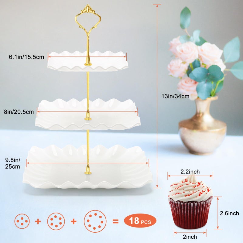 Coitak 3 Tier Cupcake Stand, Plastic Tiered Serving Stand, Square Dessert Tray for Tea Party, Birthday and Wedding (Pure White) - Image 3