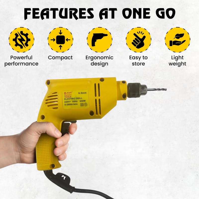 Jon Bhandari Tools Corded Electric Drill Machine – 6.5mm, 650W, 2800RPM, 220V | Variable Speed & Reverse Function | Compact Heavy Duty Power Tool for Wood, Metal, Masonry & DIY Projects - Image 4