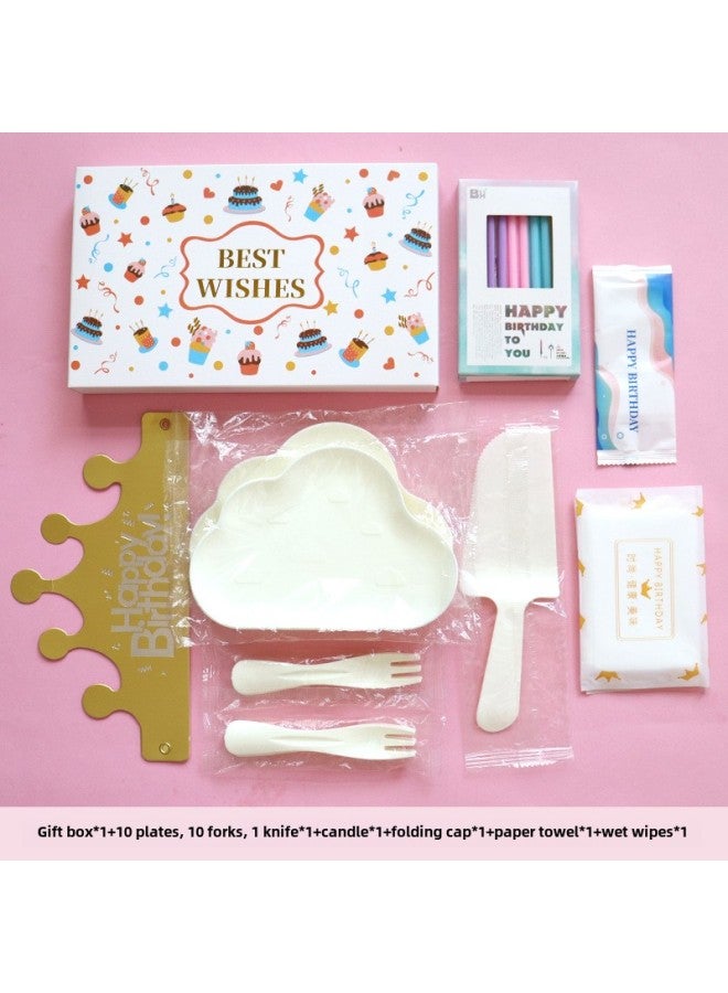 Birthday Dinner Plate Cake Tableware Food Grade Plastic Dinner Plate Disposable Paper Plate Candle Wet Wipes Four-in-one-Color:Luxurious White Clouds For Ten People - Image 1