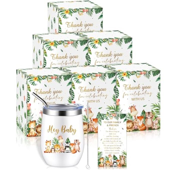 Hoolerry 6 Set Baby Shower Game Prizes for Guests Winners 12 oz Insulated Stainless Steel Tumbler Cup with Lids, Straws, Cleaning Brush, Cards & Boxes Return Gifts(Green,Safari Animals)