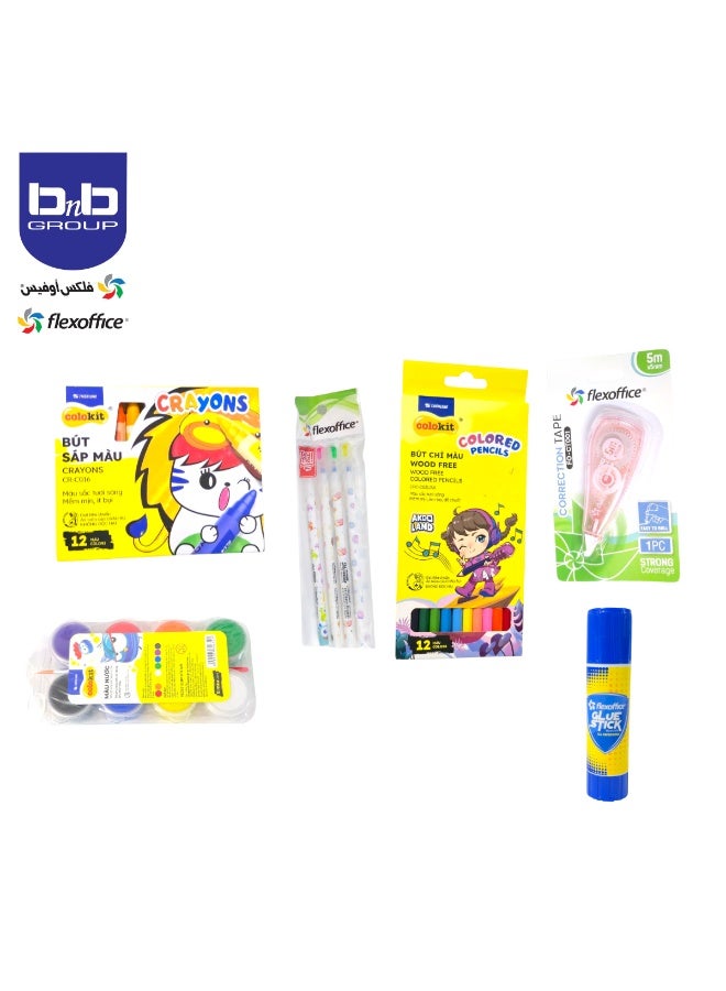 FLEXOFFICE A combo drawing set in a box, with 6 pencils, 2 erasers, 2 pencil sharpeners, 4 soft ink pens, glue, correction pen, colored pencil, crayon, ruler, a luxury portable drawing supplies set, safe and high-quality drawing tools, ideal for children and adults for drawing, sketching and coloring. - Image 4