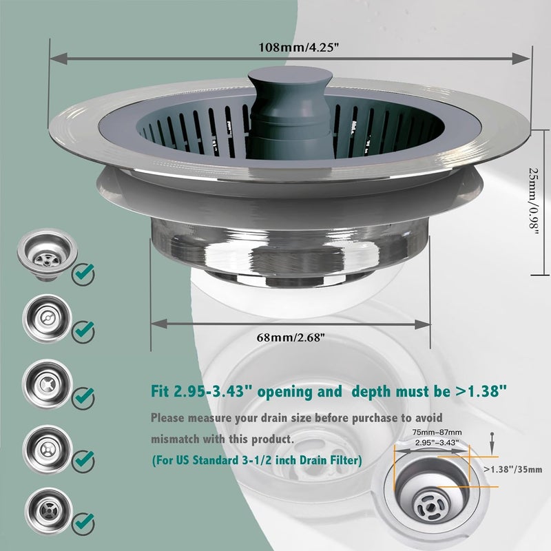 YKWL Upgraded 3 in 1 Kitchen Sink Drain Strainer and Stopper Combo304 Stainless Steel pop up Sink Drain StopperGarbage Disposal Stopper Sink Protectors for Kitchen Sink for US Standard Kitchen Drain - Image 4
