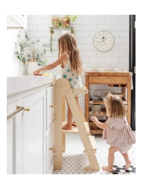 Montessori Toddler Wooden Learning Tower Learning Step Stool, Foldable with Safety Rails for Protection,For Sink/Counter,Children Stepping Platform (Natural)