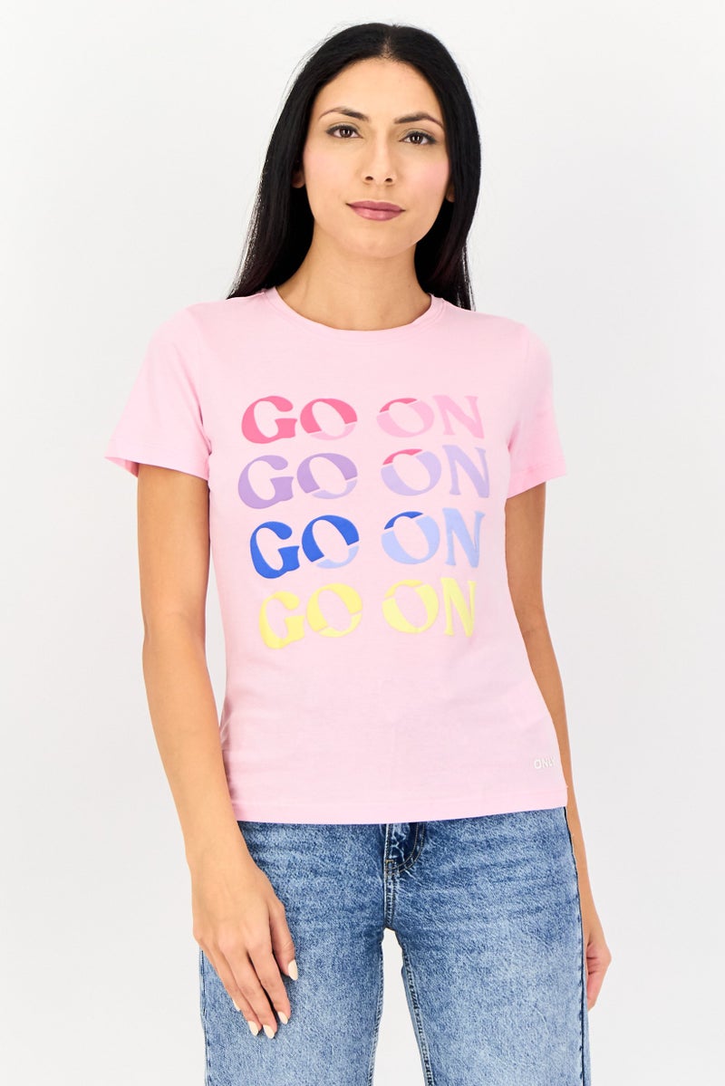 ONLY Women Crew Neck Short Sleeve Graphic Print Top, Light Pink - Image 1