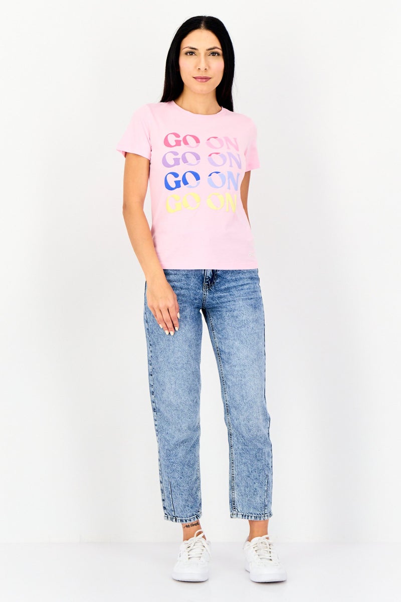 ONLY Women Crew Neck Short Sleeve Graphic Print Top, Light Pink - Image 4