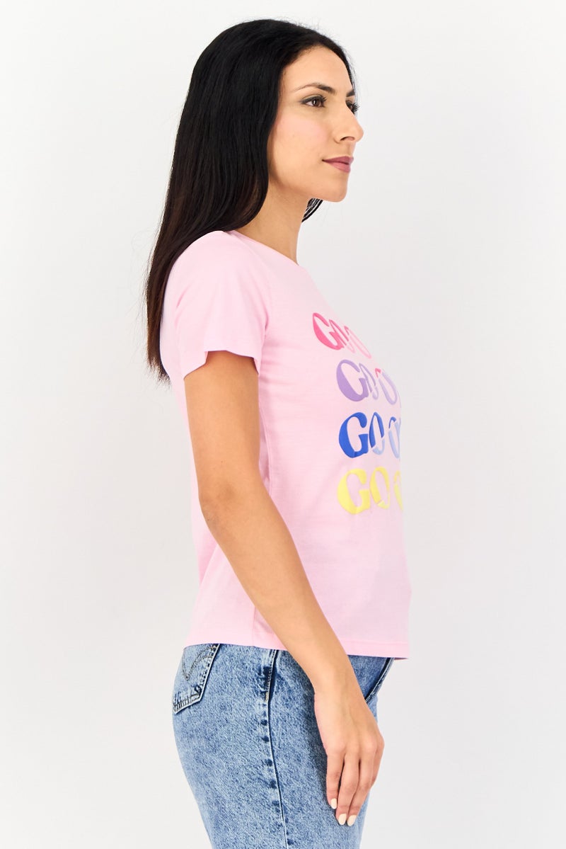 ONLY Women Crew Neck Short Sleeve Graphic Print Top, Light Pink - Image 2