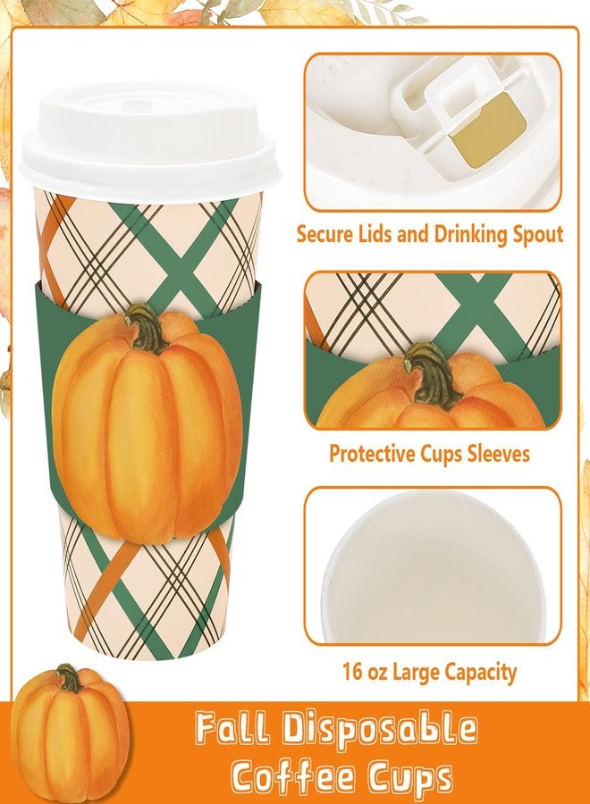 JarThenaAMCS 48 Set Fall Disposable Coffee Cups with Lids Sleeves Green Orange Plaid Pumpkin Drinking Cup Watercolor Paper Cup for Autumn Thanksgiving Party Supplies - Image 3